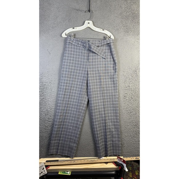 Club Monaco Pants Womens 2 Gray Plaid Wool Blend Chino Belted Straight Leg - Picture 1 of 8